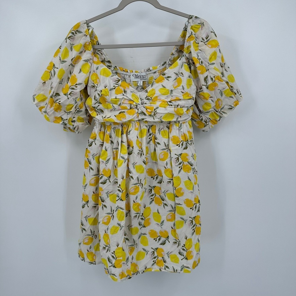 Womens Cottagecore Babydoll Lemon Print Mini Dress Size L Romantic Brunch Girly